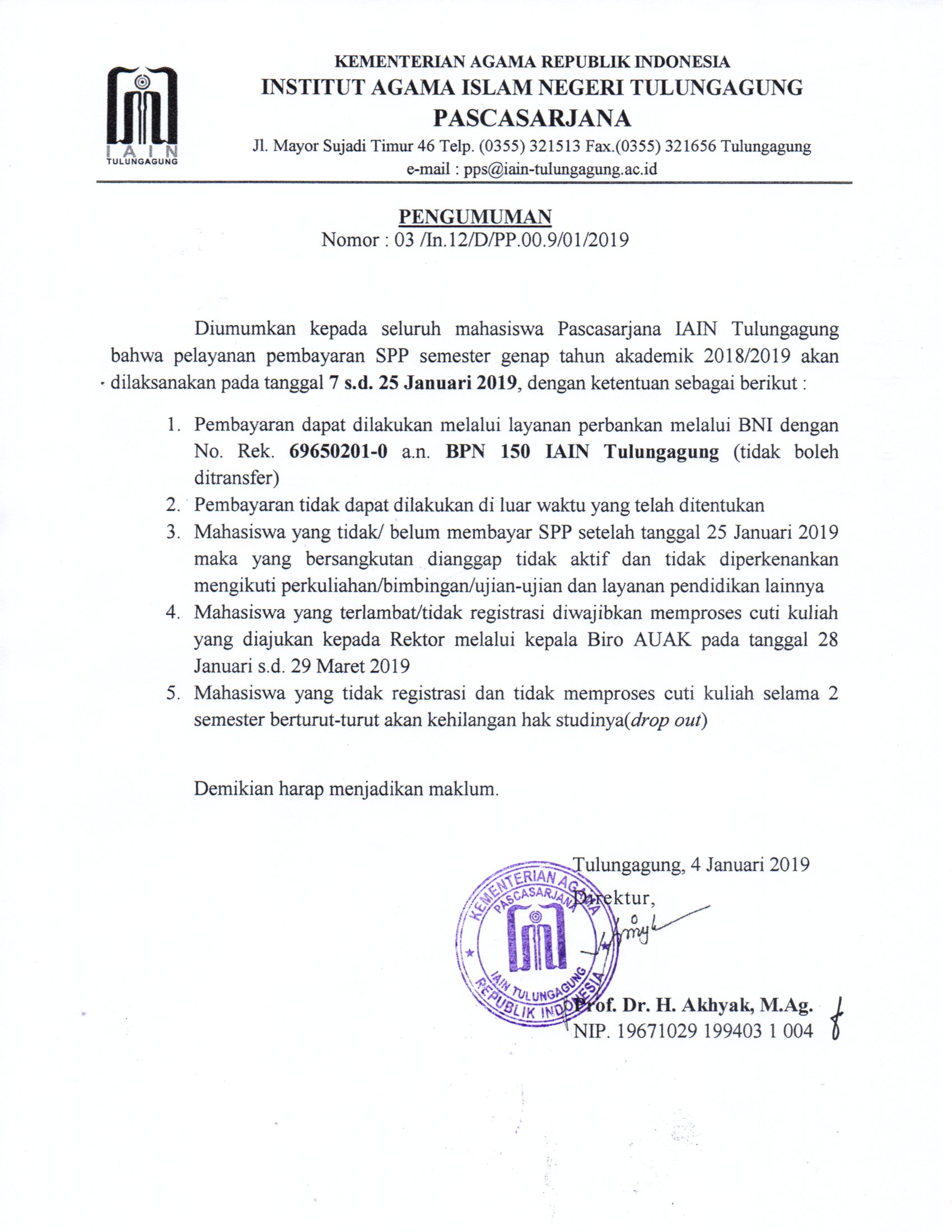 Pengumuman Pembayaran SPP Genap Pascasarjana 2018/2019