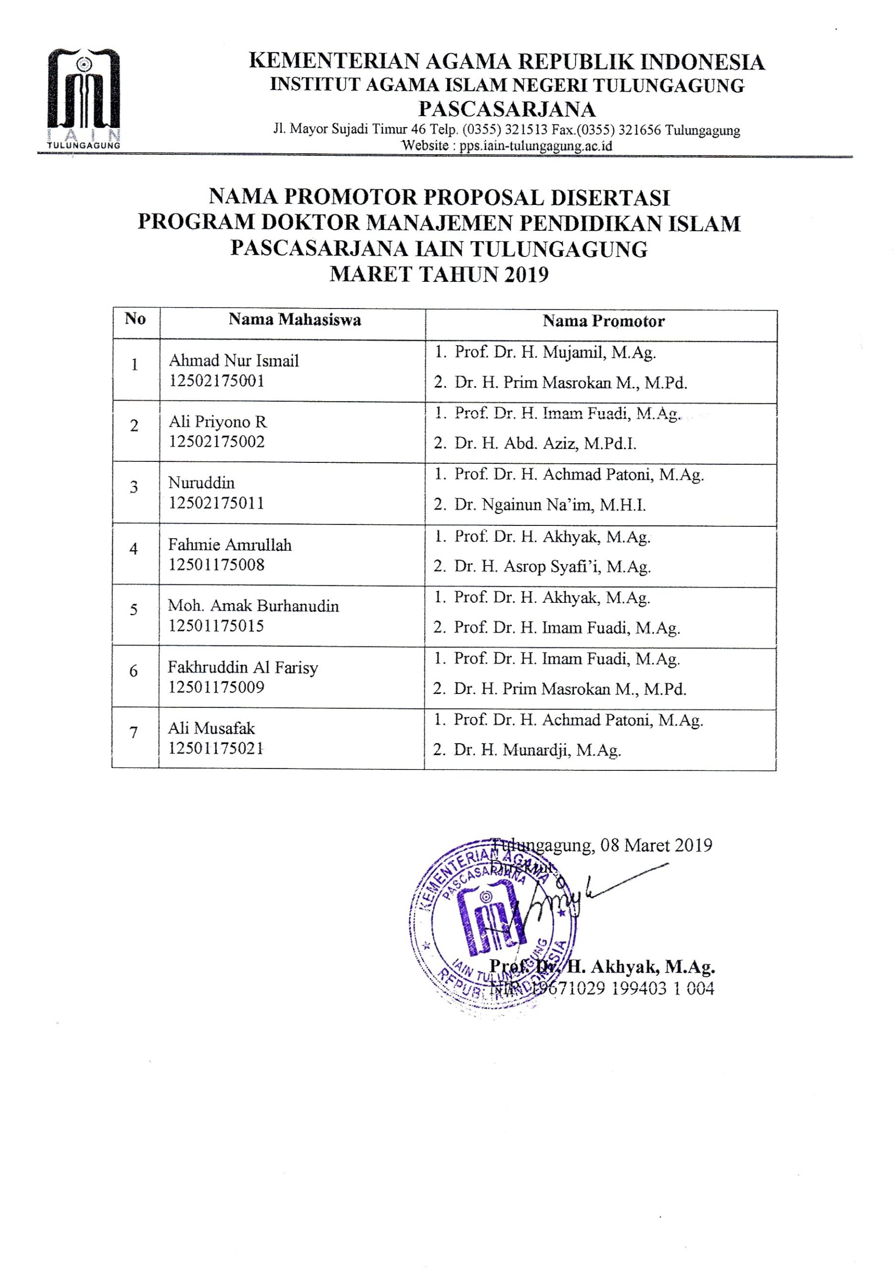 Pengumuman Promotor Program Doktor MPI Maret 2019