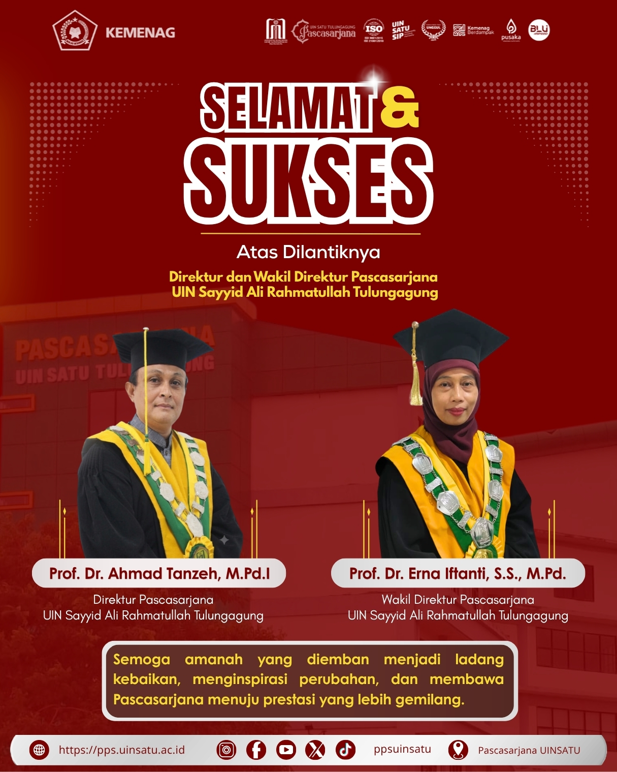 Pimpin Pascasarjana UIN SATU Tulungagung, Prof. Ahmad Tanzeh dan Prof. Erna Iftanti Resmi Dilantik